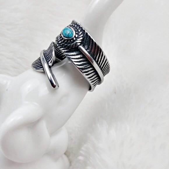 Boho Stainless Steel Feather Turquoise Ring Festival Gypsy Bohemian - Picture 5 of 8
